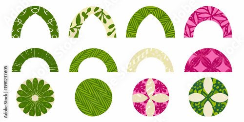 Colorful patterned arches and ovals arranged in a grid formation