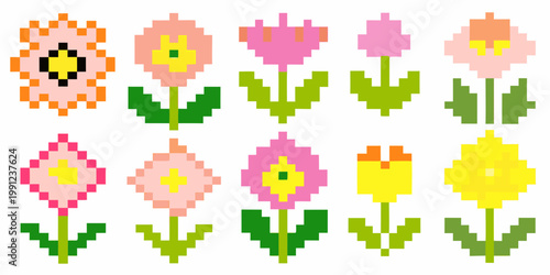 A collection of colorful pixelated flowers arranged in two rows