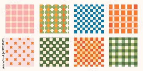 Eight colorful patterned squares arranged in a grid formation