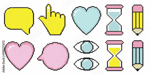 Colorful pixel art icons depicting communication time and creative tools