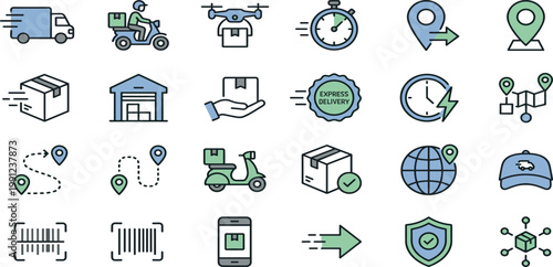Professional logistics and express delivery icon set featuring shipping truck drone courier scooter warehouse tracking and global distribution symbols for business