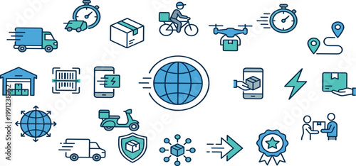 Professional logistics and global supply chain icon set with shipping truck drone delivery courier warehouse and express distribution symbols for e-commerce and transportation business management.
