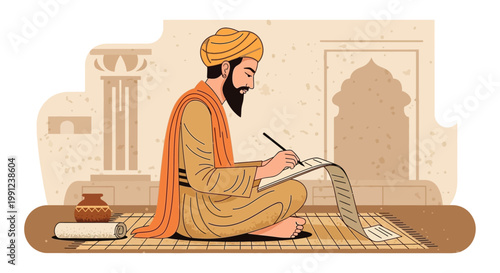 Ancient Indian Scholar Writing on a Long Scroll with a Pen.