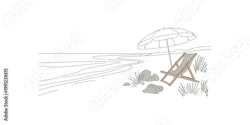 A serene beach scene with a wooden deck chair and umbrella on a sunny day by the ocean shore with rocks and grass