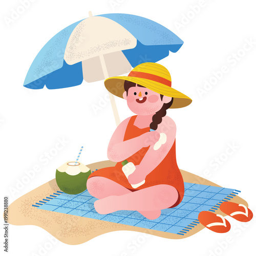 Beach Activity Illustration. Vector illustration of Woman applying sunscreen while sitting under umbrella on sandy beach with coconut drink. Isolated on background