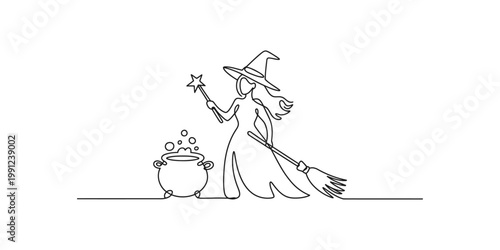 A witch stirring a bubbling cauldron with a magic wand and broomstick on white background