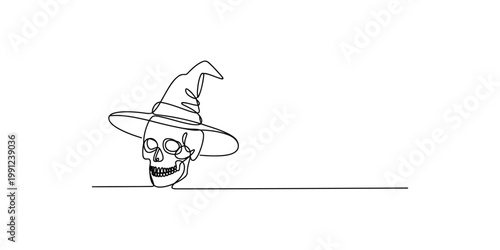 Continuous line drawing of a skull wearing a witch hat on white background with a thin black line