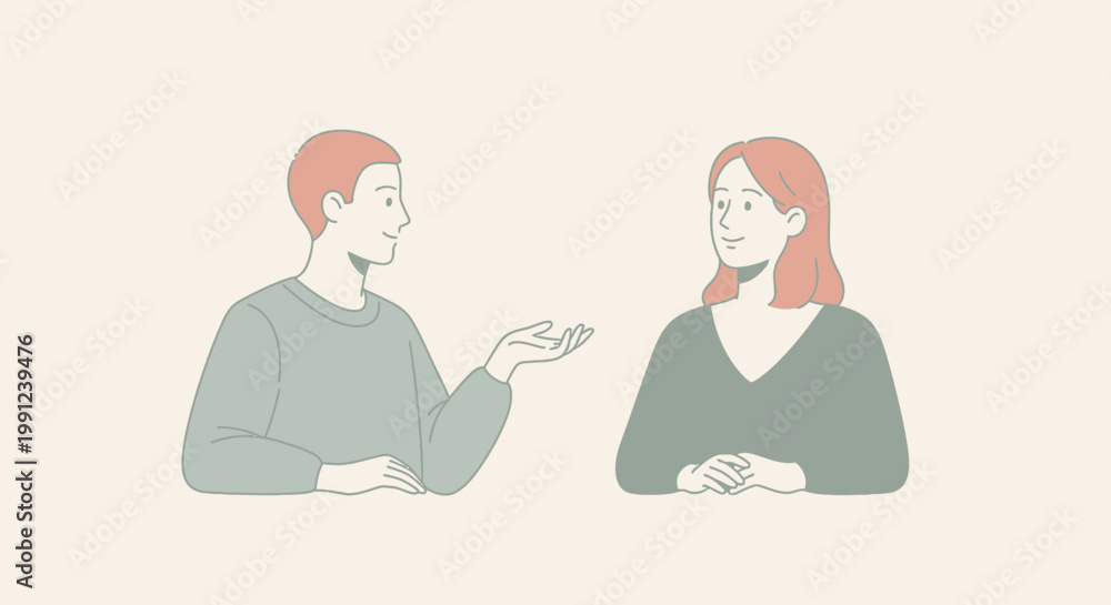 Fototapeta premium Illustration of two people in conversation, conveying communication and connection through body language and expression