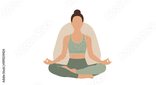 Minimalist vector illustration of a serene woman practicing meditation in a yoga lotus position, embodying mindfulness, peace, and wellness for a balanced lifestyle