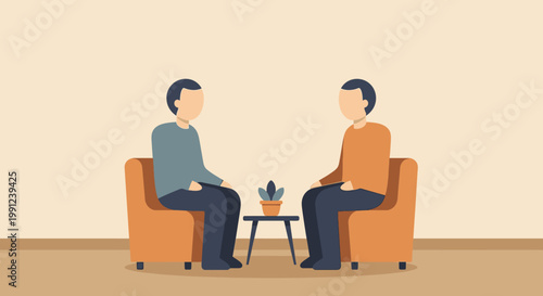 Illustration of a therapy or counseling session with two individuals sitting comfortably, fostering open dialogue and mental wellness support