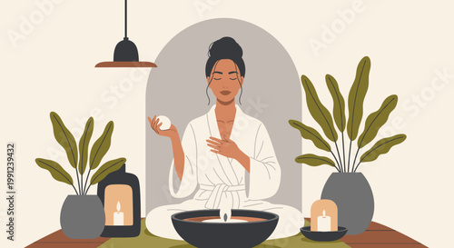 Calming illustration of a woman in a white robe performing a mindful self-care ritual, surrounded by tranquil plants and soft candlelight, promoting relaxation and holistic wellness