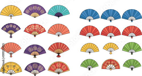 Traditional Asian folding fan set with colorful patterns decorative elements Japanese and Chinese style hand fans vector illustration collection