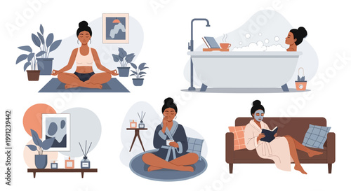 Illustrations of women enjoying self-care and wellness at home. Features meditation, baths, aromatherapy, and reading for relaxation, mindfulness, and well-being