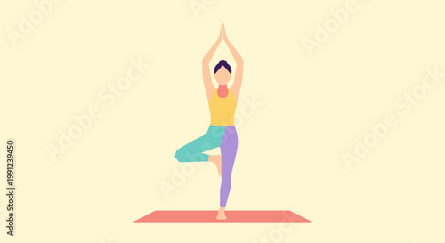 Woman in yoga tree pose on mat, illustration for fitness and wellness