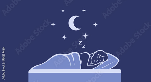 Vector illustration of a peaceful person sleeping soundly in bed at night under a crescent moon and stars, depicting deep rest, tranquility, and healthy relaxation for wellness