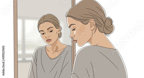 Woman looking at her reflection in a mirror, contemplating her inner self and outward appearance