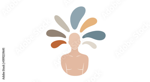 Abstract illustration of a person with colorful abstract shapes exploding from their head, representing thoughts or ideas