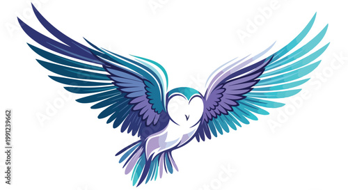 Vibrant blue and purple bird in flight, winged animal illustration, colorful avian design, heart shaped symbol