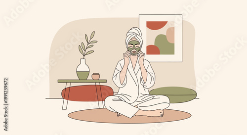 Relaxing woman enjoying an at-home beauty routine, applying a natural face mask for refreshing skincare and mindful self-care moments