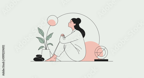 Serene Illustration of a Person Meditating Amidst Nature-Inspired Elements