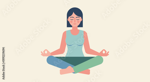 Vector illustration of a calm woman practicing meditation in a serene lotus pose, embodying mindfulness, inner peace, and stress relief for mental wellness and tranquility