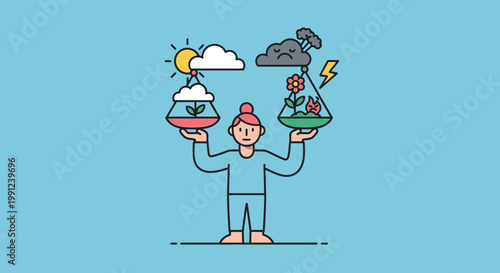 An illustration depicting a person balancing the positive and negative impacts on the environment, symbolizing climate change, sustainability, and the delicate equilibrium of our natural world