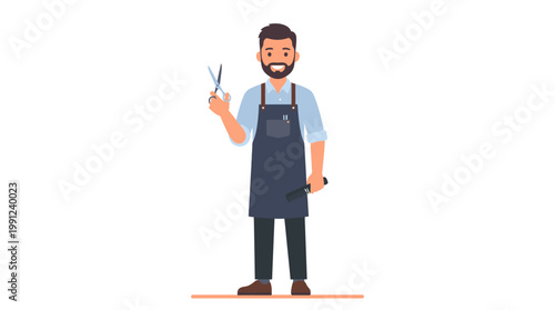 A cheerful bearded barber wearing a dark protective apron holds professional metal trimming scissors ready for service to groom a male client inside a busy shop providing quality haircutting