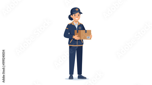A friendly professional female courier wearing a navy blue uniform carries a cardboard parcel while smiling brightly to represent efficient logistics services and timely package delivery