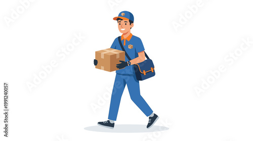 A friendly professional mail carrier wearing a blue uniform walks while carrying a cardboard parcel and a satchel to ensure rapid transport of packages for residential and business clients daily