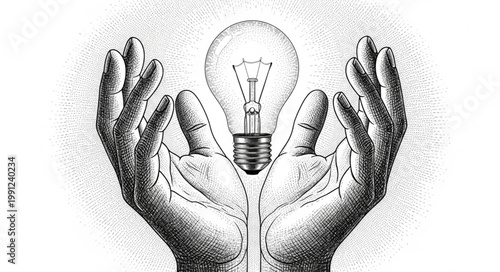 Hands holding a glowing light bulb symbolizing innovation and creativity.