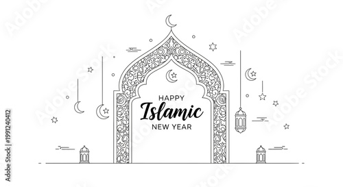 Happy Islamic New Year Greeting with Arabic Arch, Crescent Moon, Stars and Lanterns