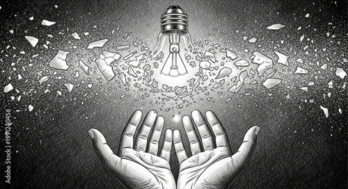 Hands holding a glowing light bulb exploding with ideas.
