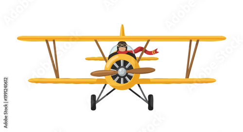 Cartoon illustration of a yellow vintage biplane with a pilot.