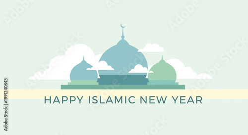 Happy Islamic New Year Greeting with Mosque Domes and Clouds