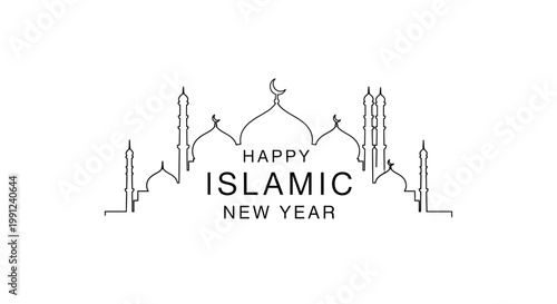 Happy Islamic New Year greeting with mosque silhouette and crescent moon