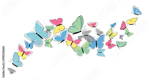 Colorful butterfly swarm vector illustration, pastel flying butterflies in wave motion, whimsical hand drawn insect border for spring greeting cards