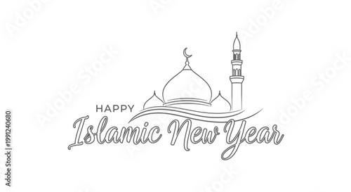 Happy Islamic New Year Greeting with Mosque Silhouette and Calligraphy