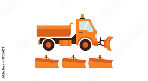 Orange snow plow truck and blade attachments for winter road maintenance.