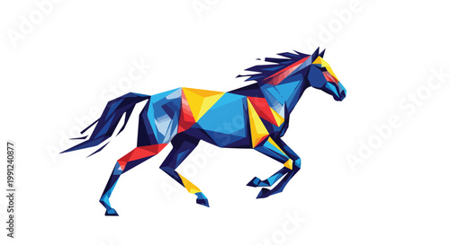 Geometric low poly horse vector illustration, colorful galloping stallion in motion, abstract polygonal equine animal art on white background