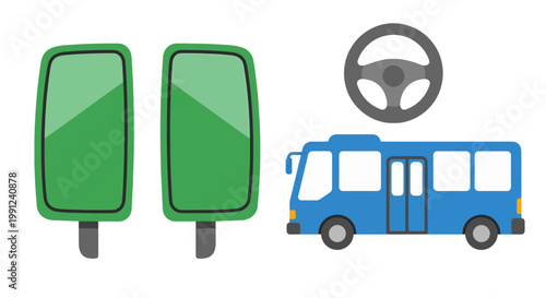 Set of cartoon bus components including mirrors steering wheel and blue minibus.
