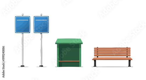 Public transportation street furniture set with bench and bus stop shelter.