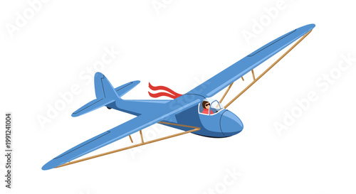 A blue glider aircraft flying in the sky with a pilot.