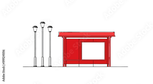 A red bus stop shelter with three street lamps next to it.