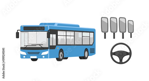 Blue public city bus with steering wheel and side mirrors set.
