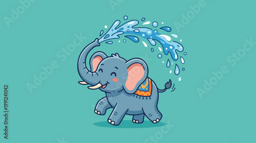 Cartoon elephant spraying water outdoors.