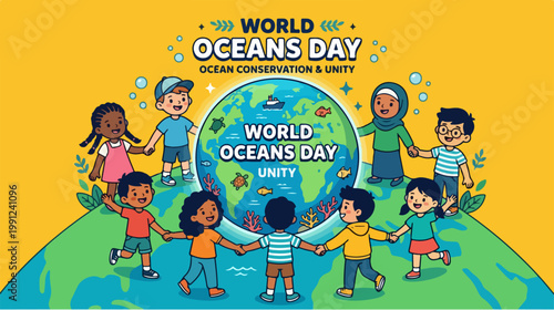 Children Holding Hands Around Globe Earth.