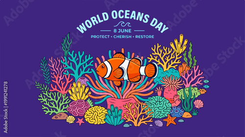 Colorful clownfish in coral reef.