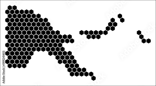 Papua New Guinea simple black and white hexagon map shape template. Country plain hexagon cell dots. Papua New Guinea flat honeycomb boundary. Vector Illustration.