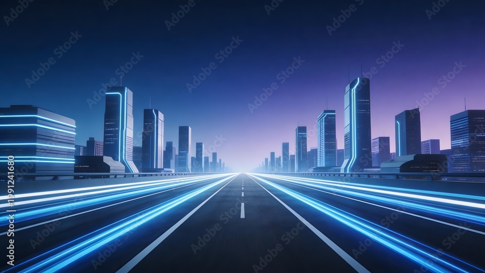 Fototapeta premium Futuristic cityscape with glowing road