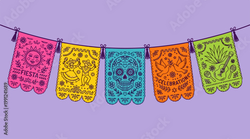 Colorful paper banners with skull designs.